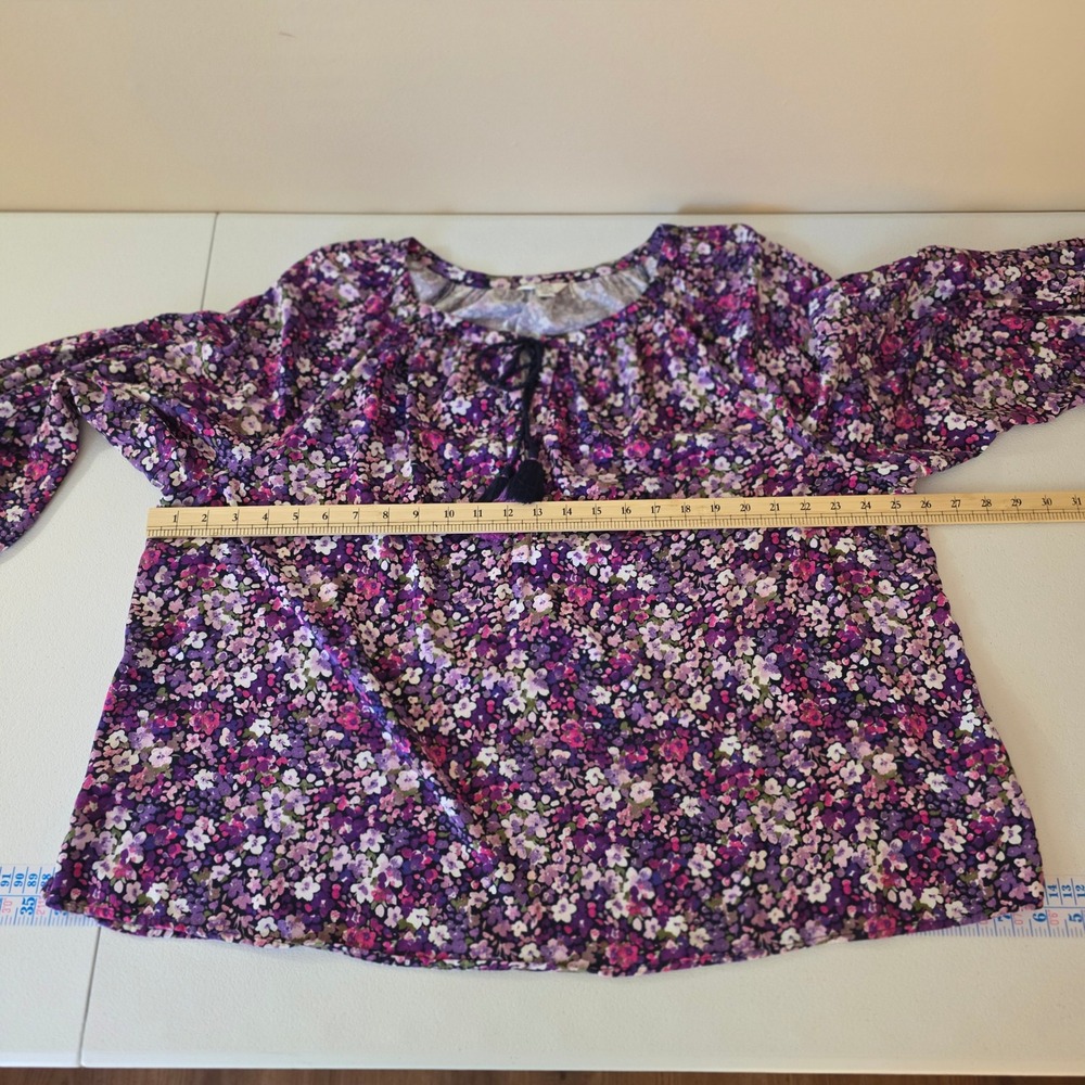 Crown & Ivy Peasant Top Women 2X Purple Floral Long Sleeve Tassel Boho Blouse - Picture 7 of 11